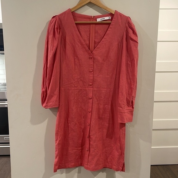NWT Justfab Dress Women Size Medium Pink Mini Fade Rose Linen Puff Sleeve - Picture 4 of 6